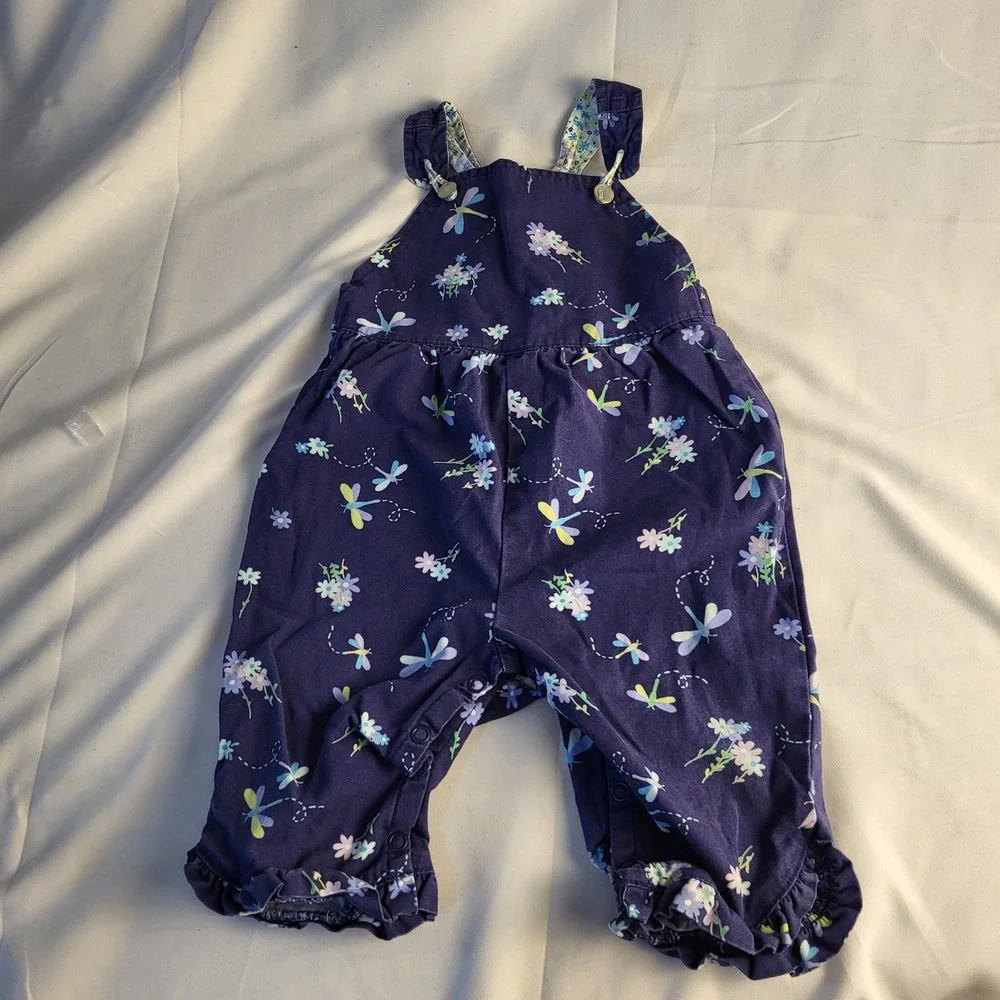 Y2K Gymboree Vintage Sz 6-12 Months Baby Girl Spring Flowers Blue Overalls 2001